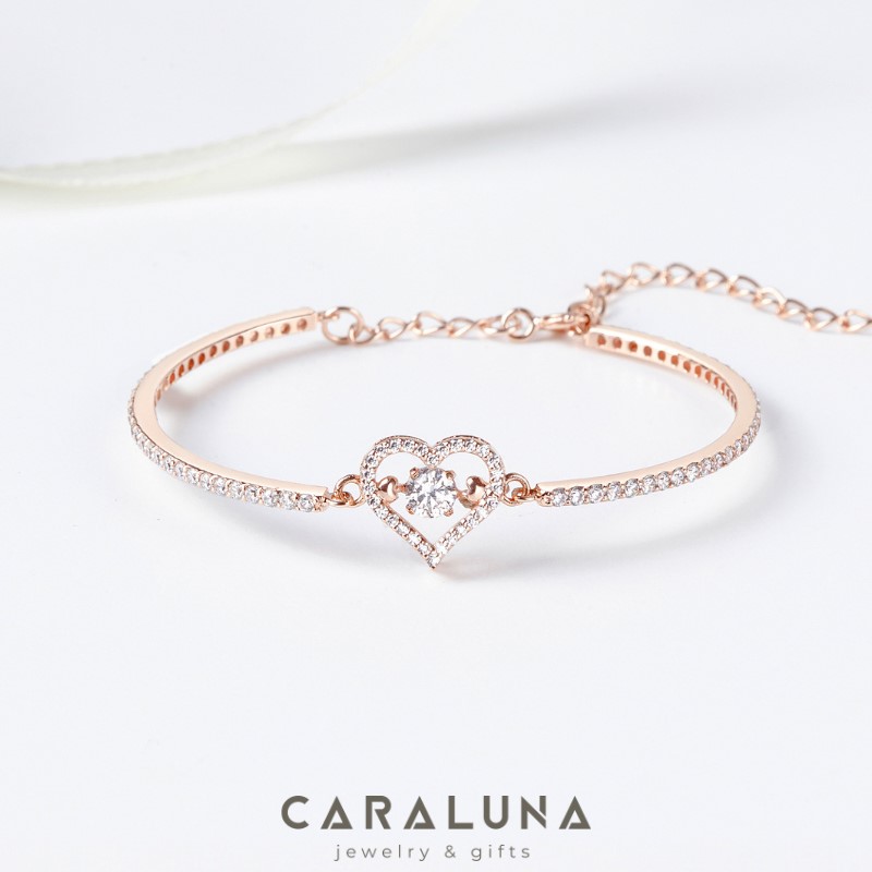 Vòng Tay Bạc 925 Trái Tim Đá Nhảy Đính Đá Viền Stone Bling Heart