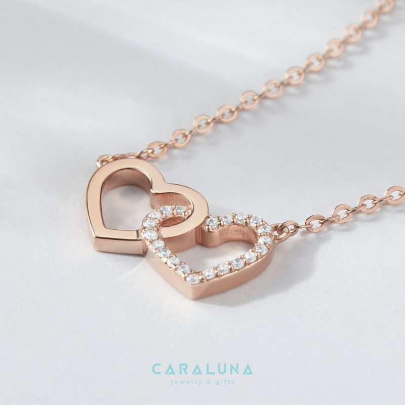 Dây Chuyền Bạc 925 Hai Trái Tim Đính Đá Gắn Kết Tình Yêu Heart To Heart