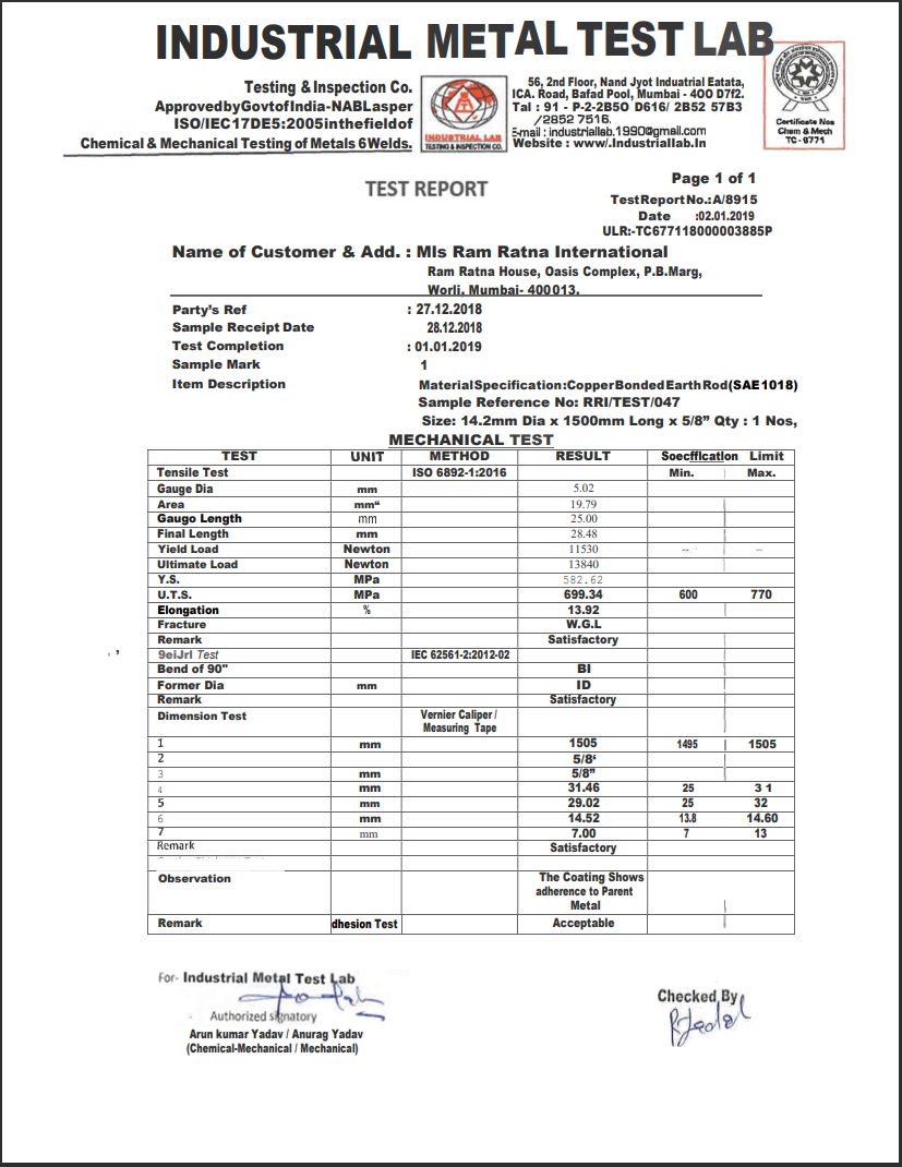 bản kiểm tra tính cơ học của cọc tiếp địa RR