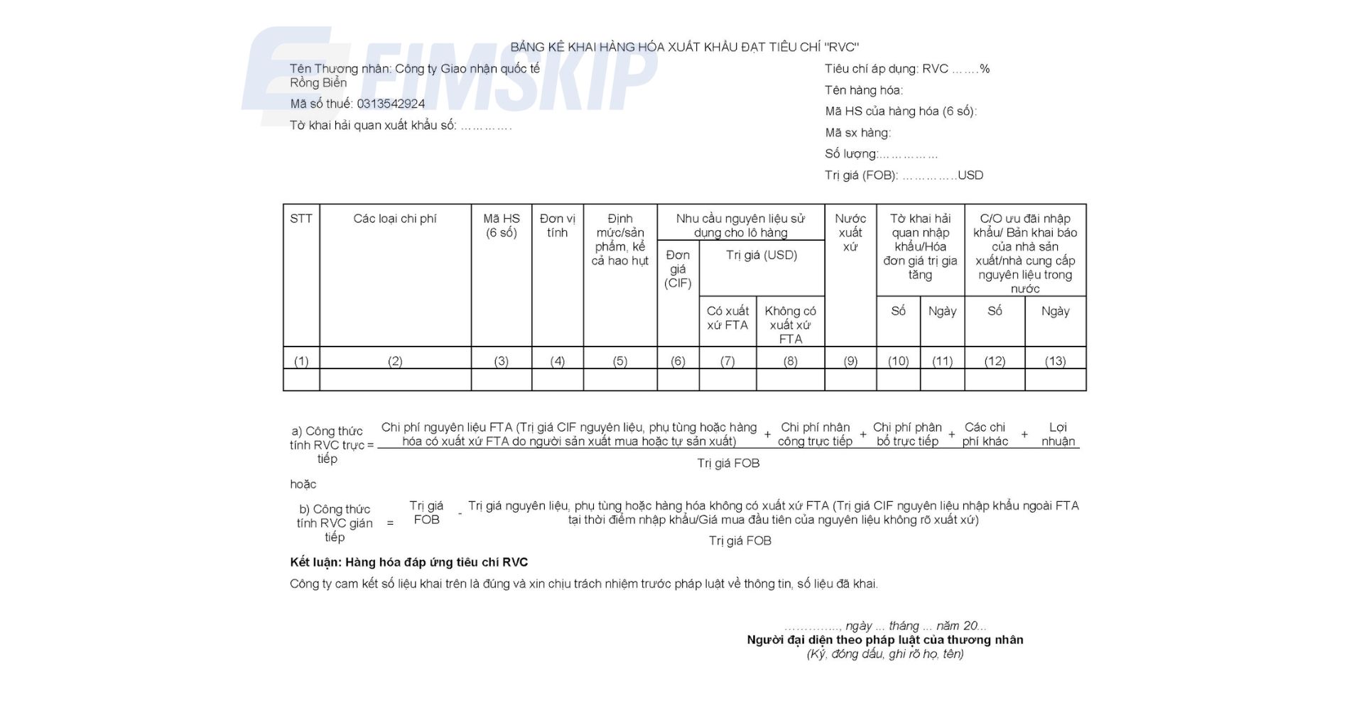 Kê khai hàm lượng giá trị RVC