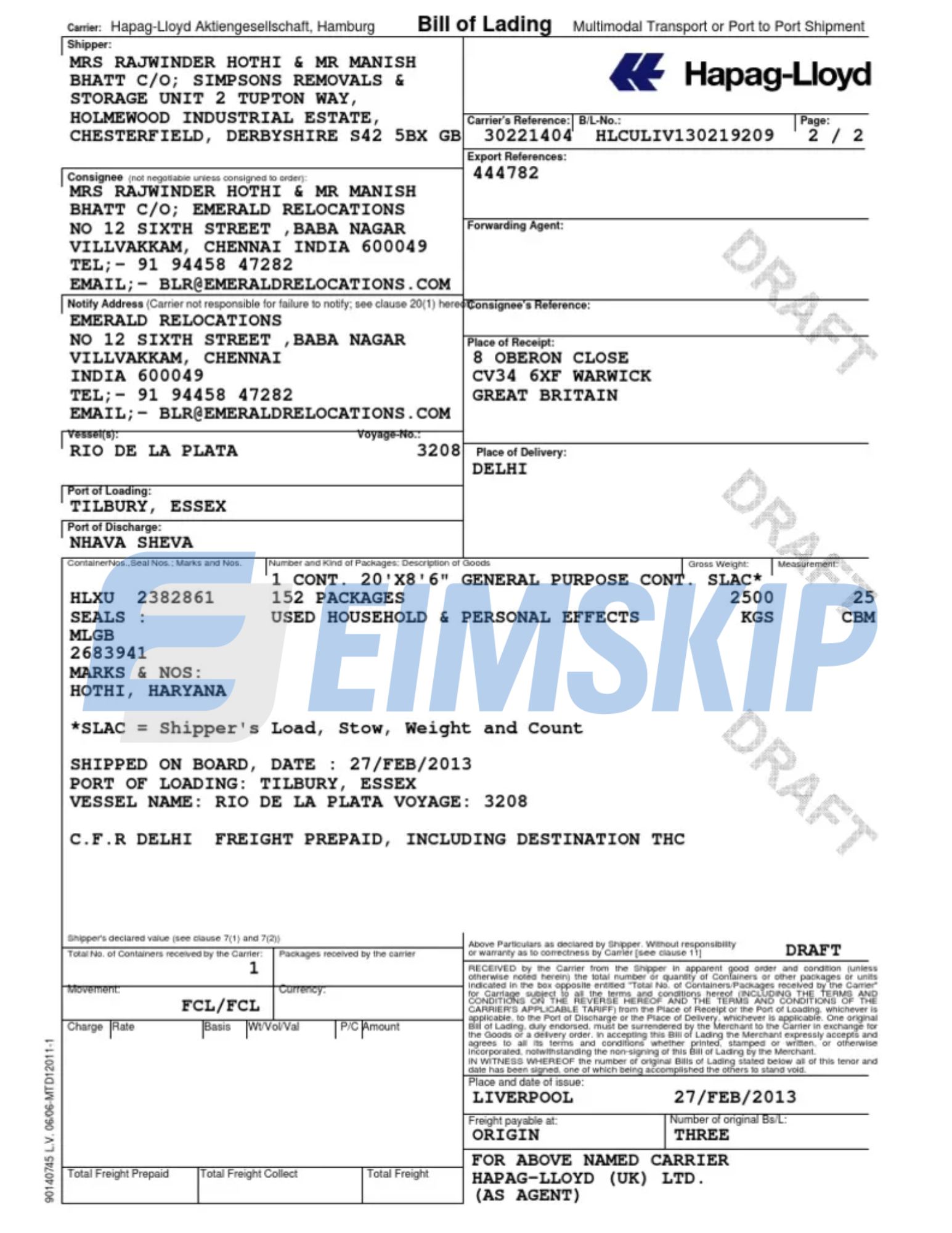 Mẫu Master Bill of Lading (MBL)