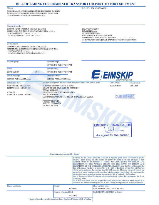 Mẫu Surrendered Bill do Forwarder cấp