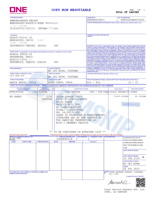 Mẫu Surrendered Bill do hãng tàu cấp