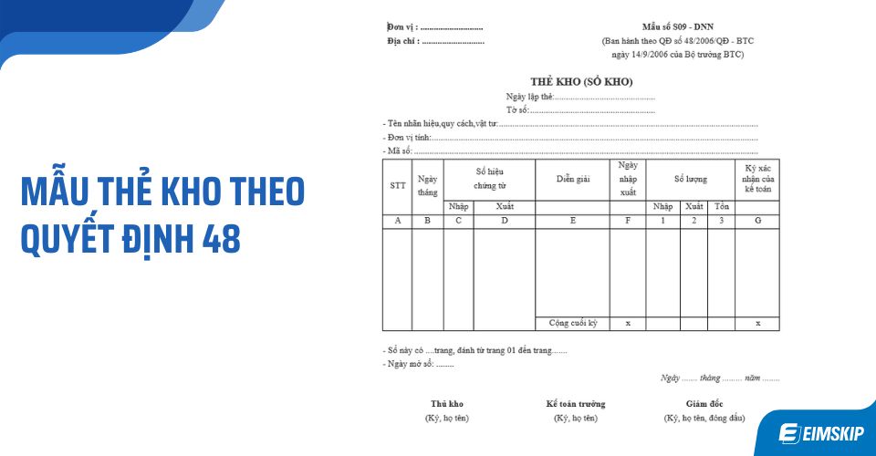 Mẫu thẻ kho theo Quyết định 48