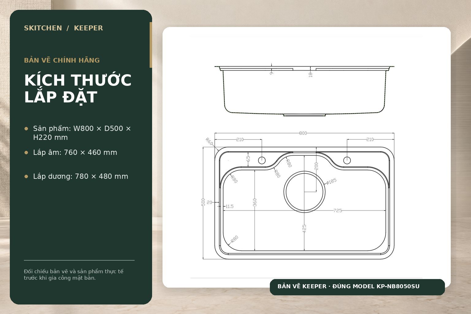 Bản vẽ đúng model thể hiện kích thước tổng thể 800 × 500 × 220 mm, kích thước lắp âm 760 × 460 mm và lắp dương 780 × 480 mm.