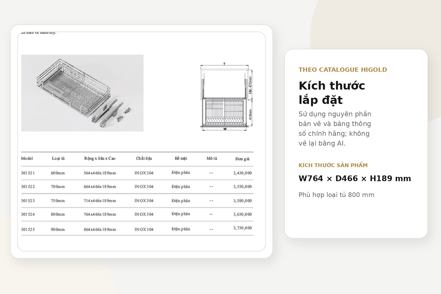 Bản vẽ đúng mã 301524S dùng để kiểm tra kích thước sản phẩm, vị trí ray và phương án liên kết với hệ tủ 800 mm.