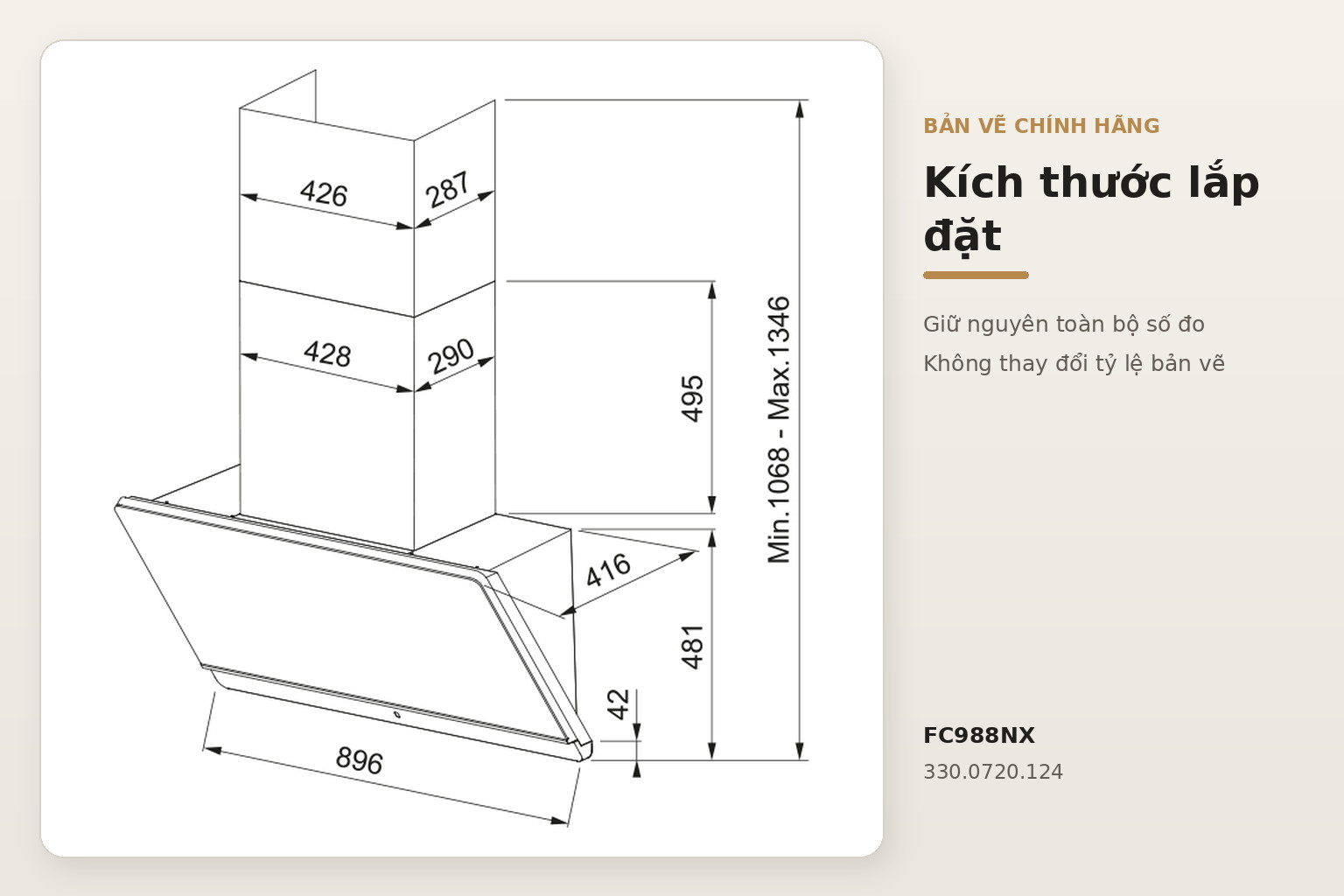 Bản vẽ chính hãng dùng để xác định kích thước, vị trí bắt tường và phương án bố trí đường thoát khí.