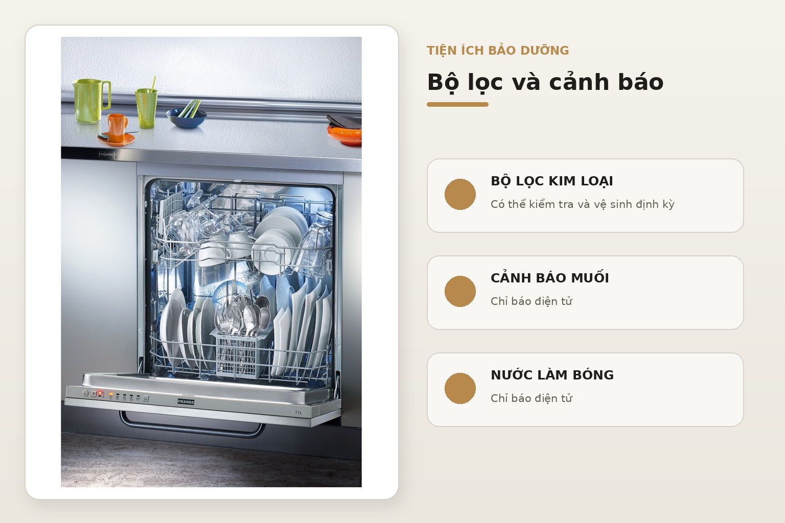Bộ lọc kim loại kết hợp cảnh báo muối và nước làm bóng điện tử hỗ trợ việc sử dụng và bảo dưỡng máy.