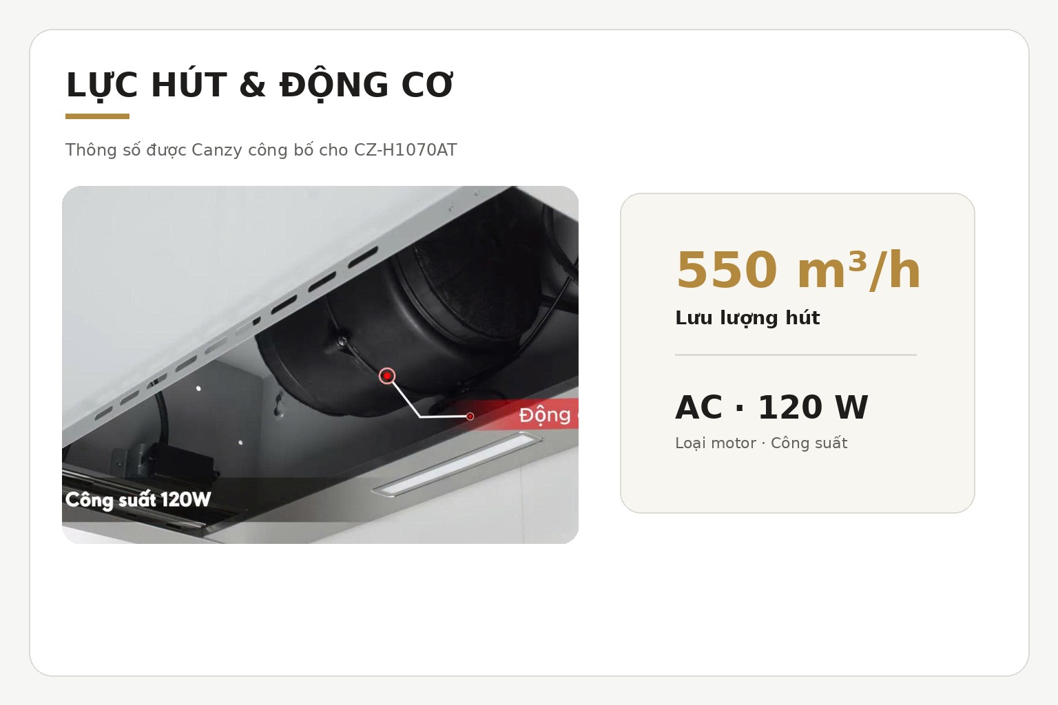 Motor AC 120 W tạo lưu lượng hút được Canzy công bố ở mức 550 m³/h.