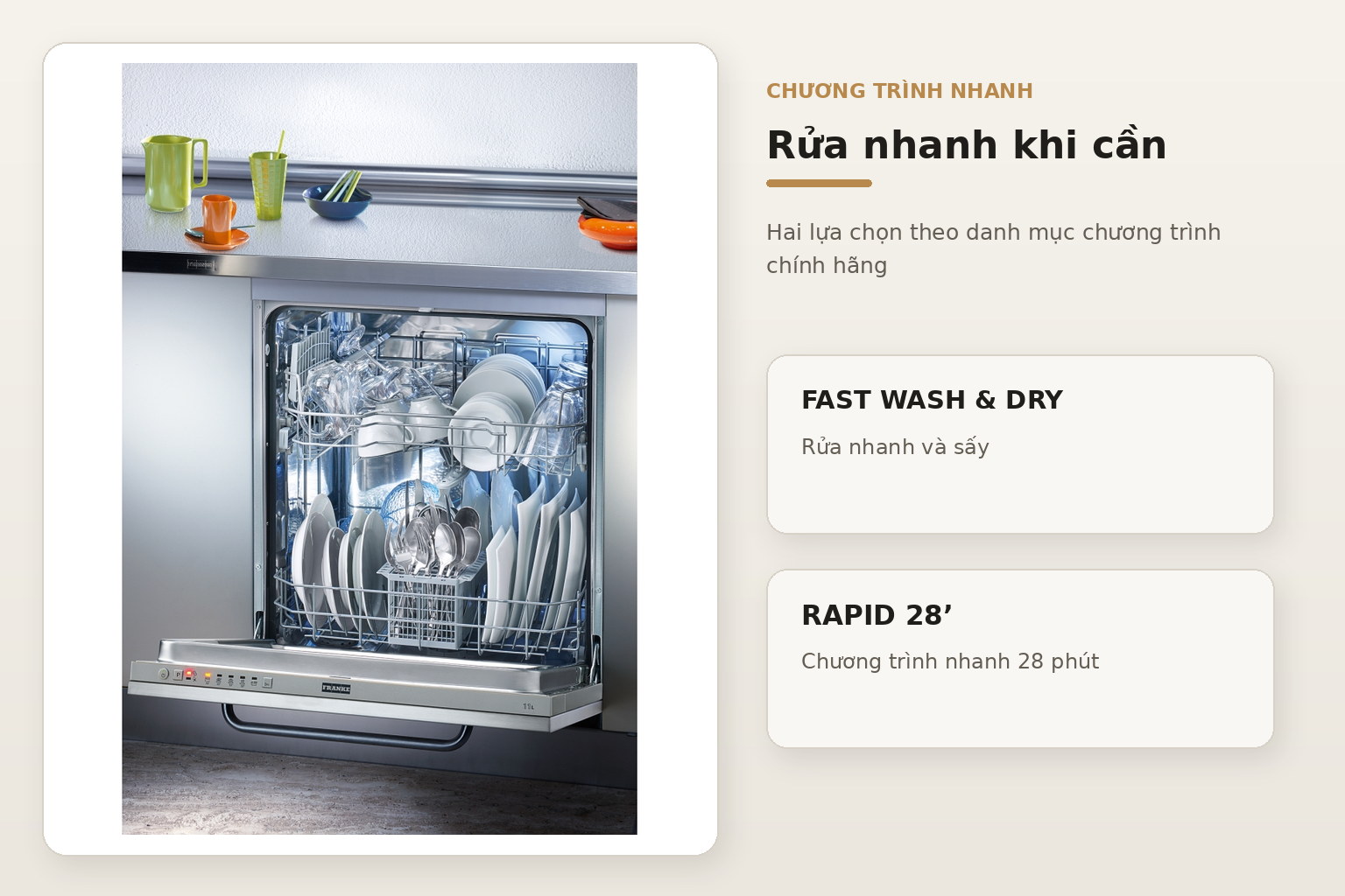 Các chương trình nhanh hỗ trợ xử lý đồ dùng ít bẩn khi gia đình cần tiếp tục sử dụng trong thời gian ngắn.