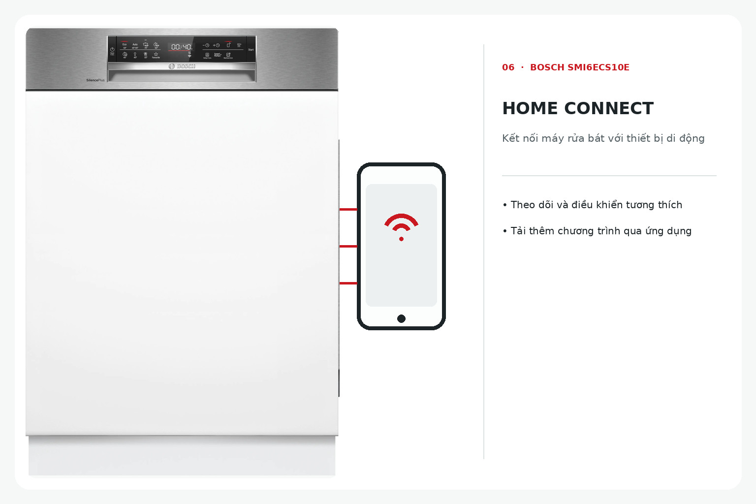 Home Connect hỗ trợ theo dõi, điều khiển và tải thêm chương trình cho Bosch SMI6ECS10E.