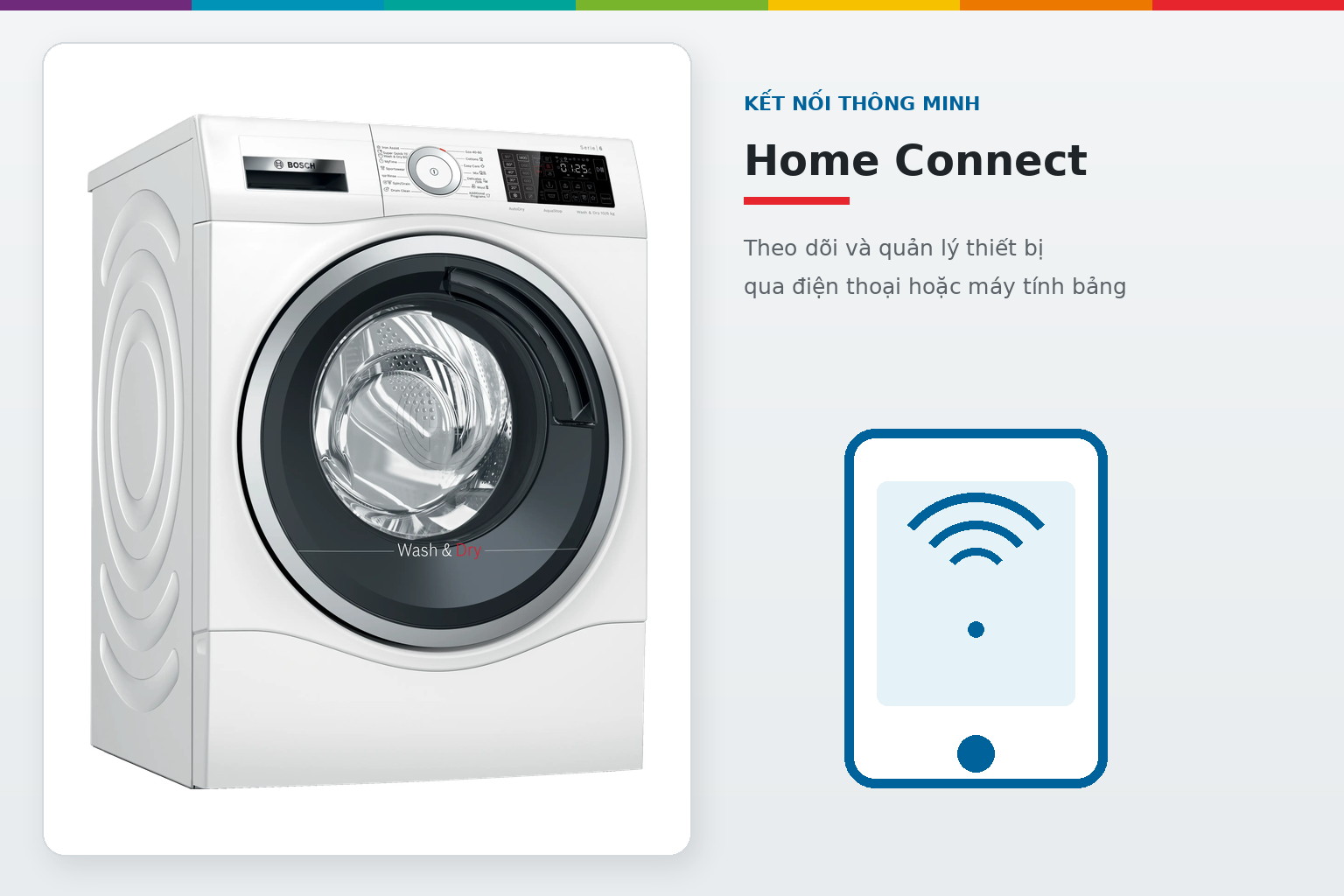 Home Connect hỗ trợ theo dõi và quản lý máy giặt sấy bằng thiết bị di động.