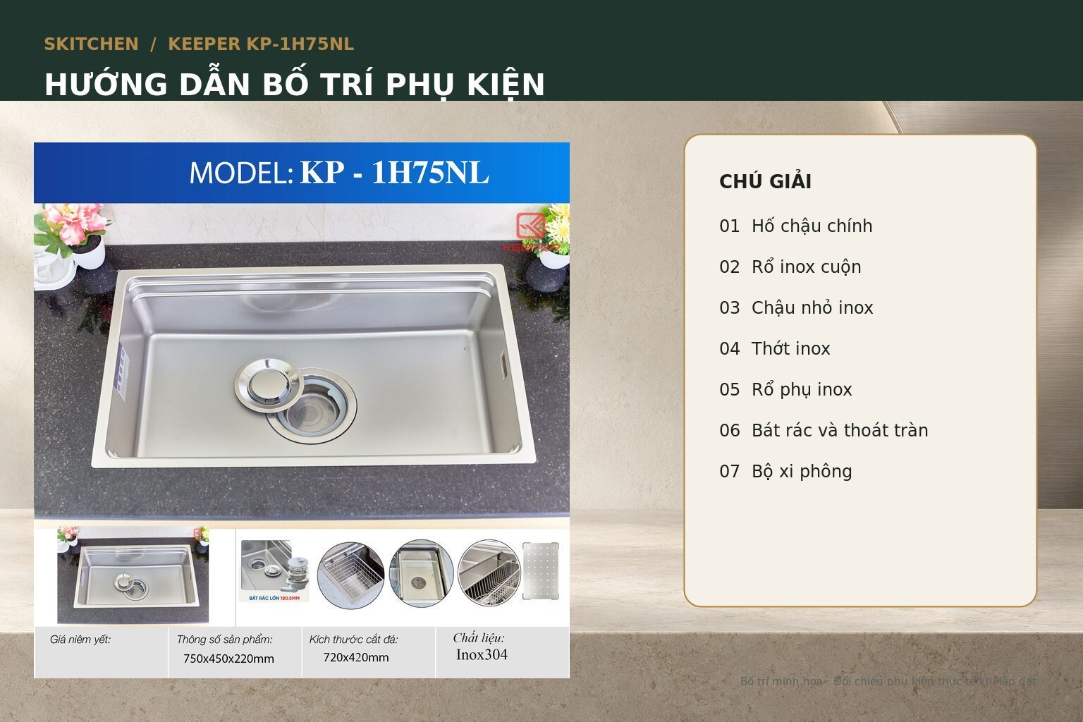 Ảnh chú giải vị trí hố chậu, rổ inox, chậu nhỏ, thớt, rổ phụ, bát rác, thoát tràn và xi phông giúp người dùng nhận biết cách bố trí từng bộ phận.