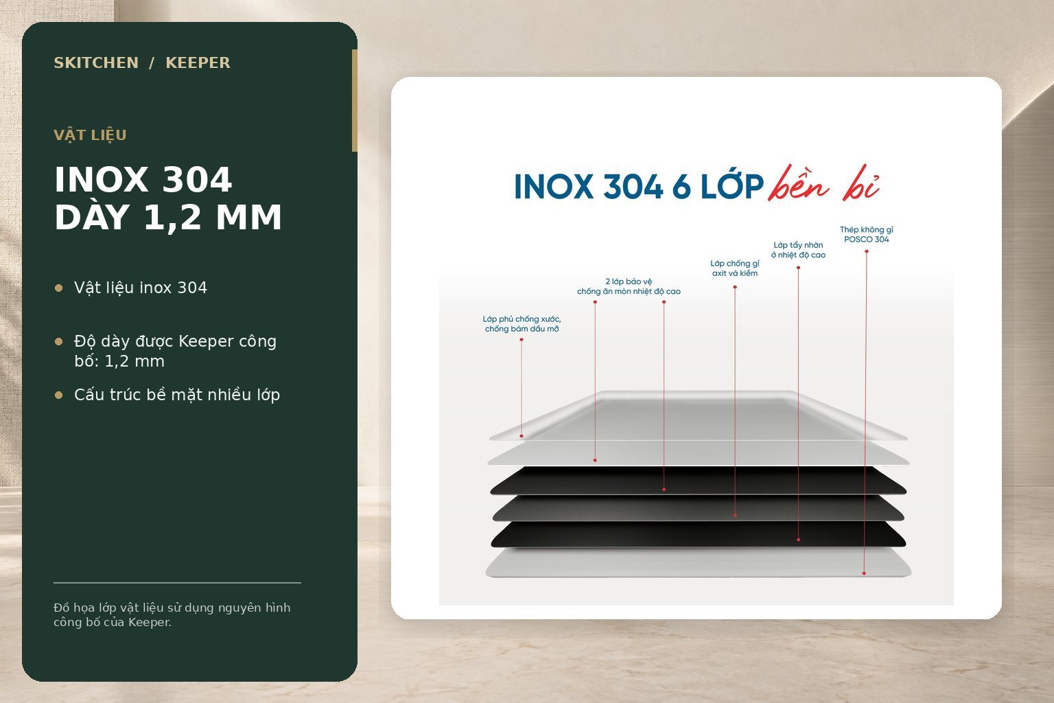 Keeper công bố viền mép và thân chậu KP-NB8050SU sử dụng inox 304 dày 1,2 mm.