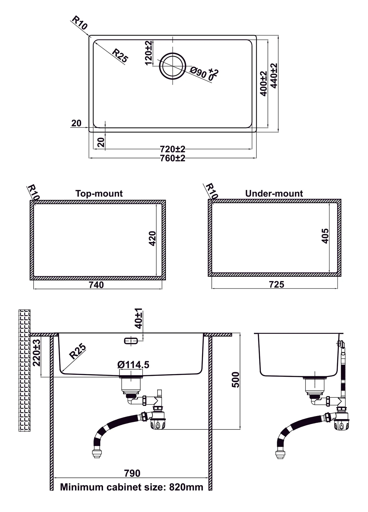 Sơ đồ kích thước chi tiết và hướng dẫn cắt đá lắp đặt chậu rửa Hafele HS24-SSN1S-760 567.24.407