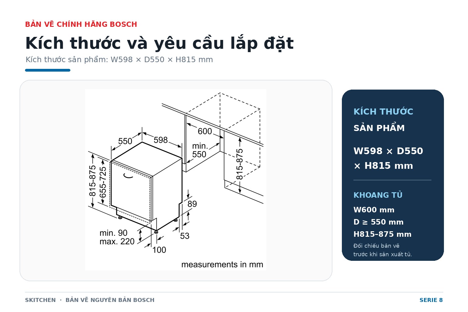 Bản vẽ chính hãng dùng để xác định kích thước khoang, cánh nội thất, len chân và vị trí đường cấp – thoát nước.