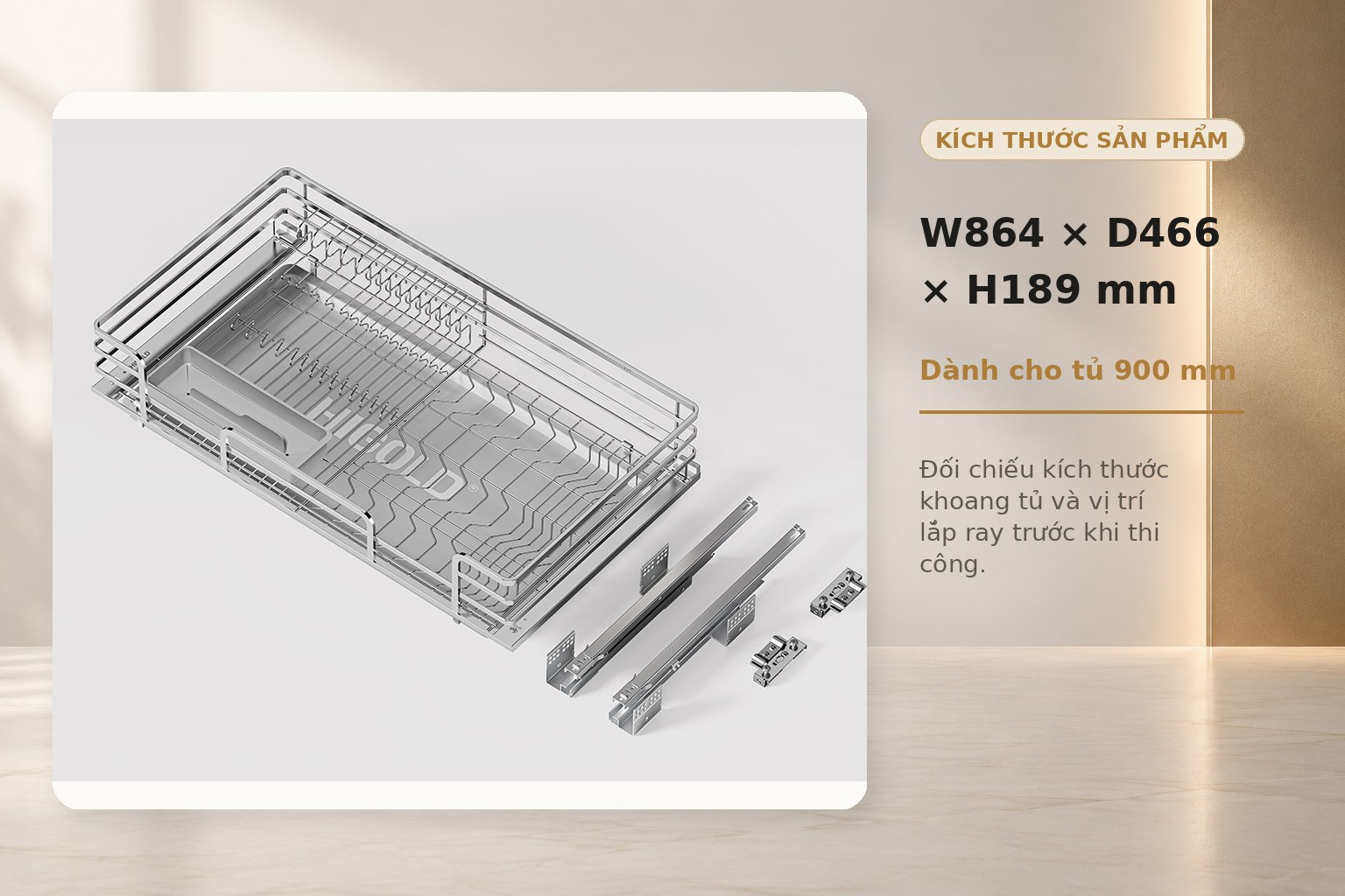 Bản vẽ đúng biến thể tủ 900 mm dùng để xác định kích thước R864 × S466 × C189 mm và vị trí lắp ray trong khoang tủ.