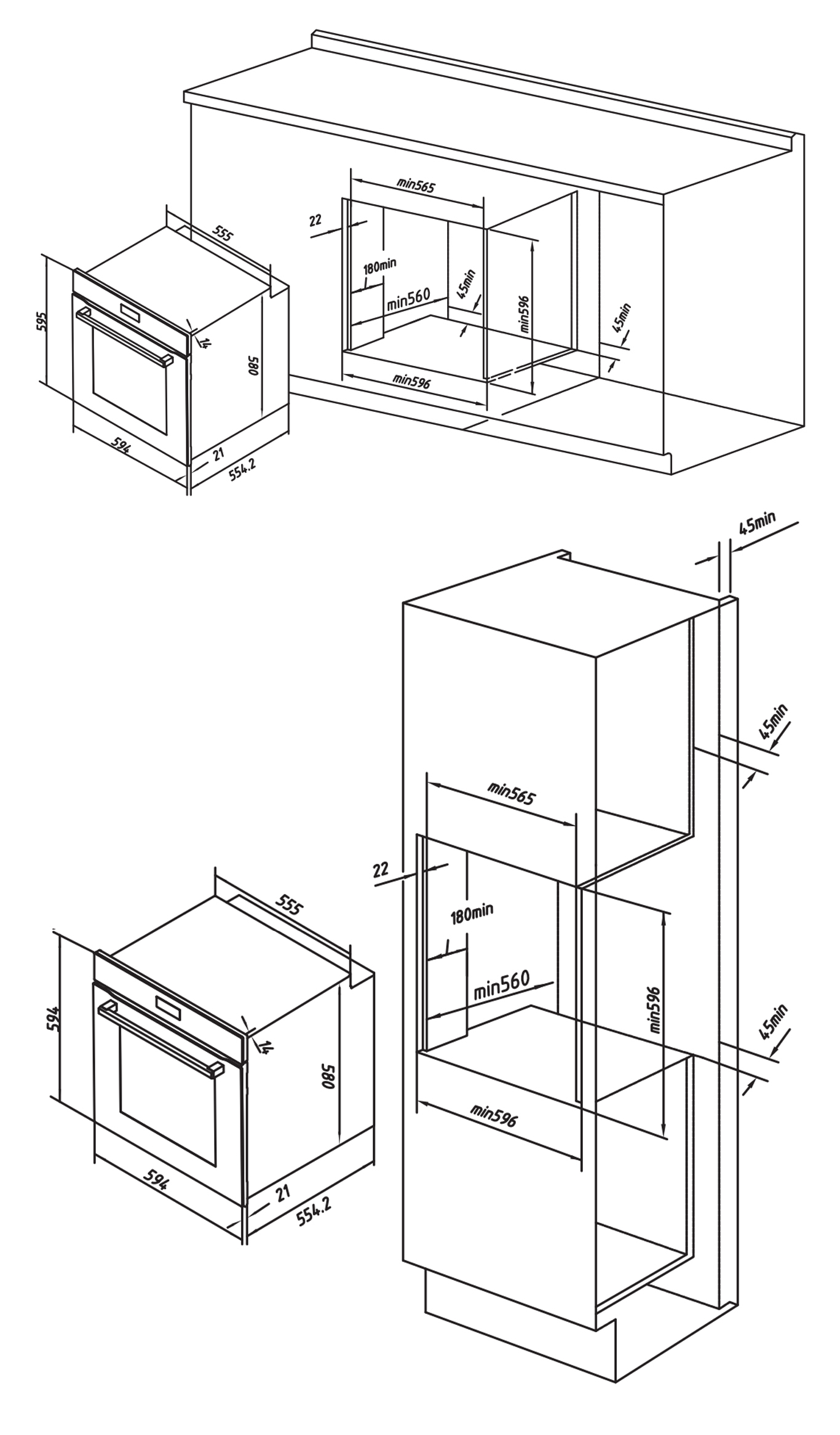 Kích thước lắp đặt sản phẩm Lò nướng âm tủ 81 lít Sense Series Hafele HC-O811B | 495.10.035