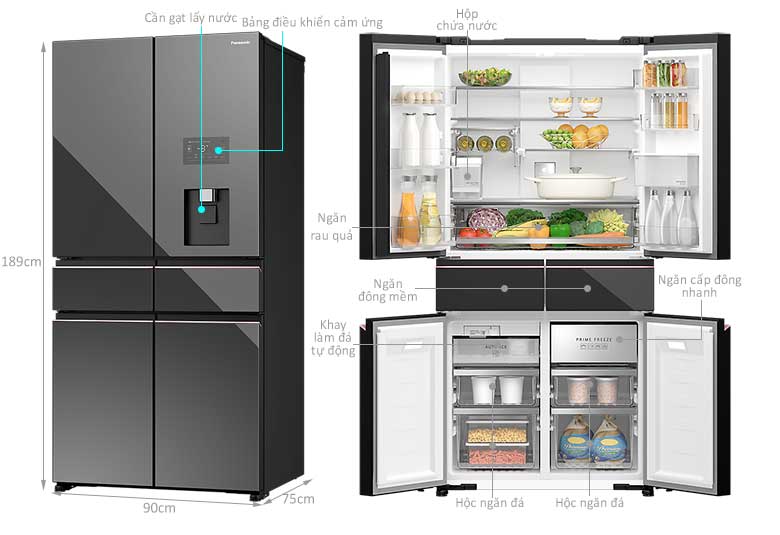 Kích thước lắp đặt tủ lạnh Panasonic NR-WY720ZMMV - Cao 1890mm x Rộng 900mm x Sâu 750mm