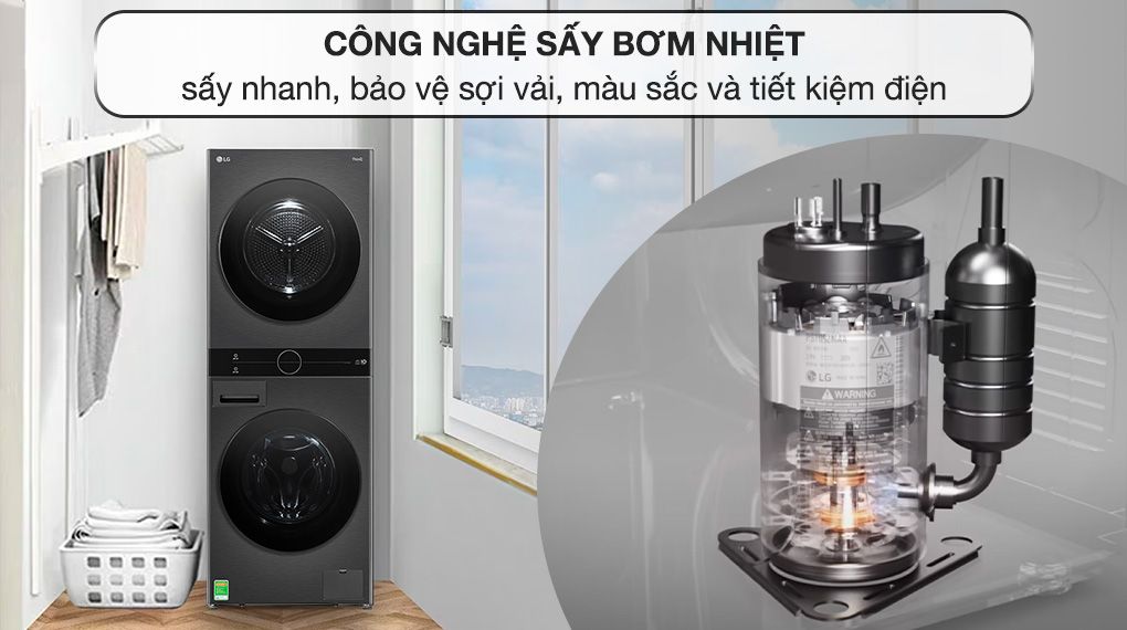 Công nghệ sấy bơm nhiệt Dual Inverter HeatPump trên LG WashTower WT1410NHB bảo vệ quần áo và tiết kiệm năng lượng