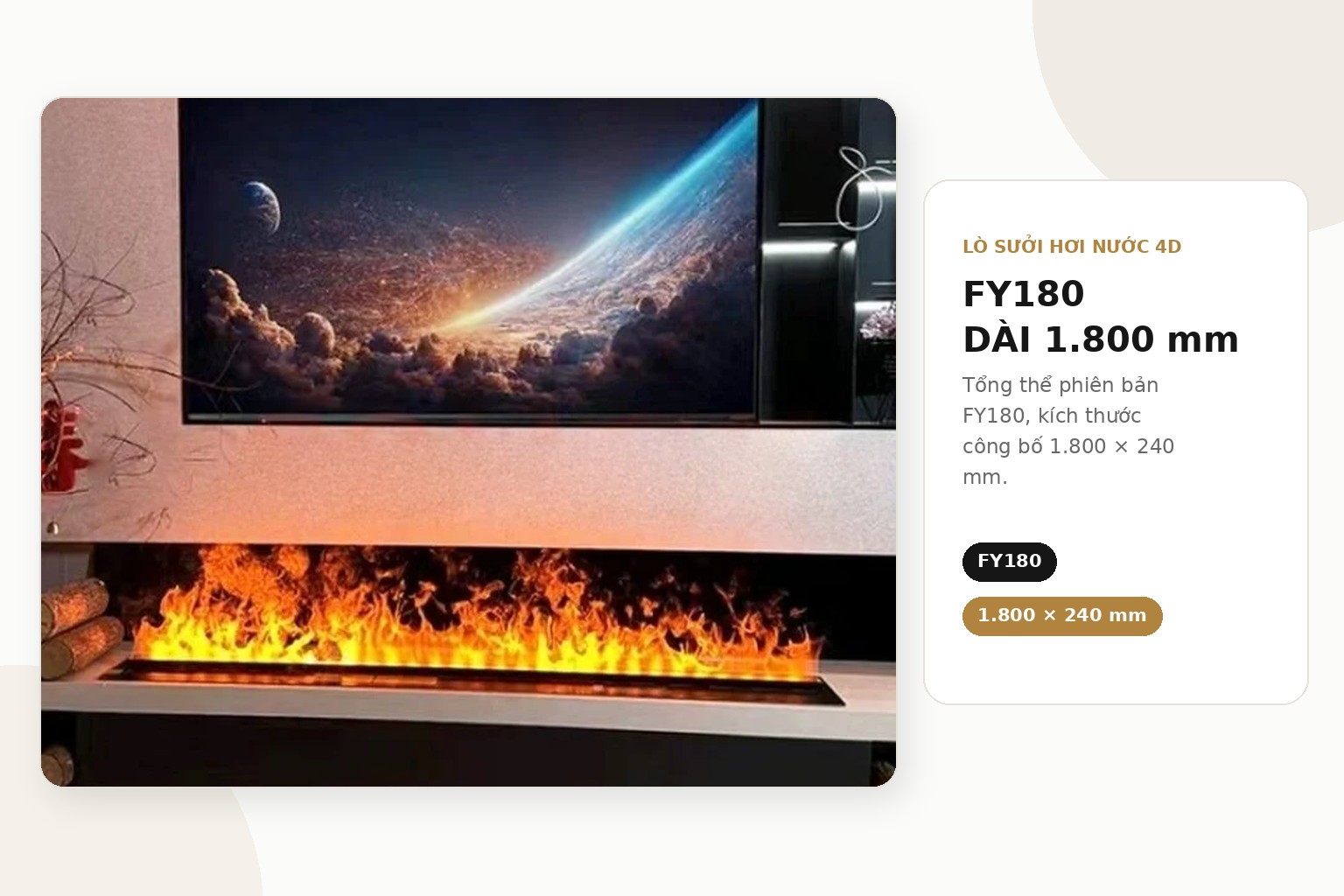 FY180 là phiên bản lò sưởi hơi nước dài 1.800 mm, phù hợp làm điểm nhấn theo phương ngang trong không gian phòng khách.