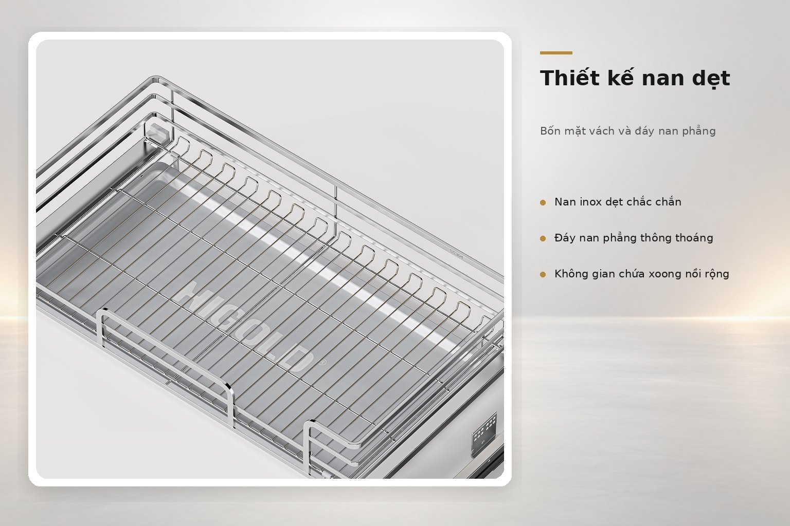 Bốn mặt nan dẹt và đáy nan phẳng tạo không gian lưu trữ thông thoáng cho xoong, nồi và chảo.
