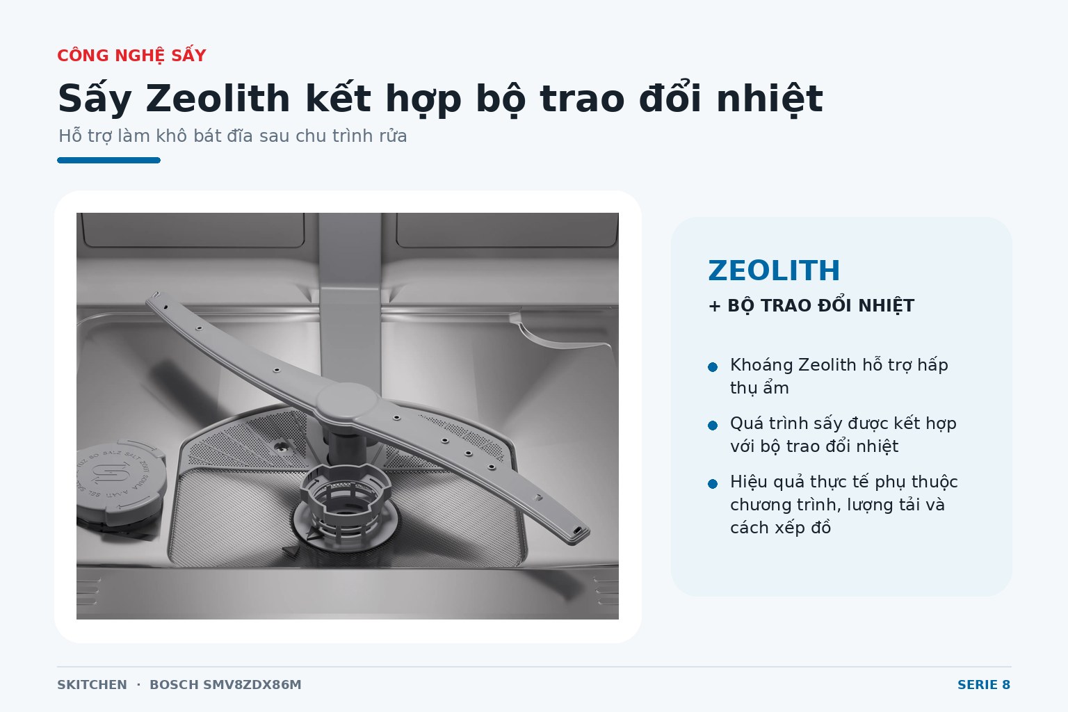 Zeolith kết hợp bộ trao đổi nhiệt hỗ trợ làm khô bát đĩa sau chu trình rửa.