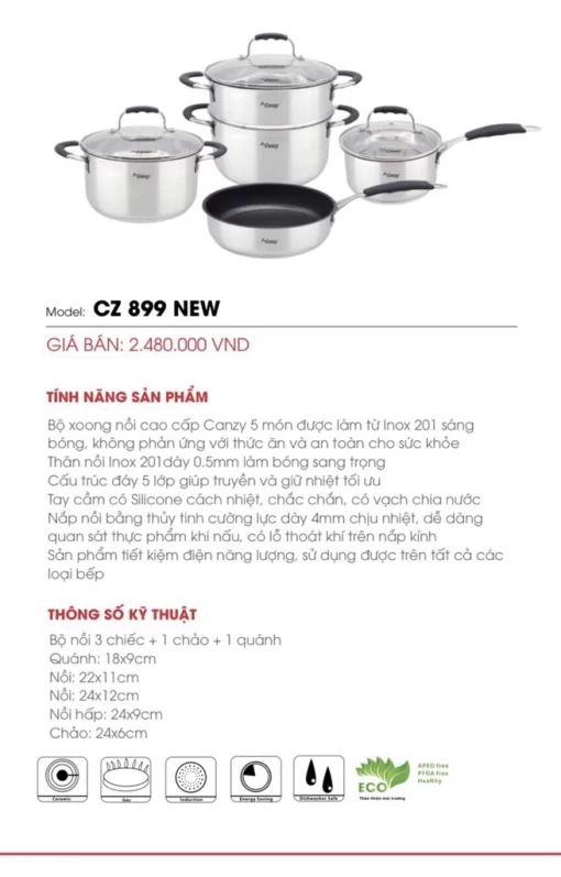 Thông số kỹ thuật đầy đủ của bộ nồi Canzy CZ-899