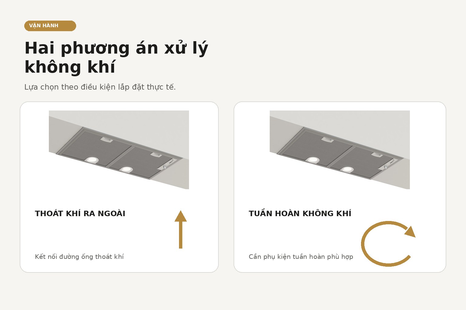 Máy có thể thoát khí ra ngoài hoặc vận hành tuần hoàn khi được lắp bộ phụ kiện tương thích.
