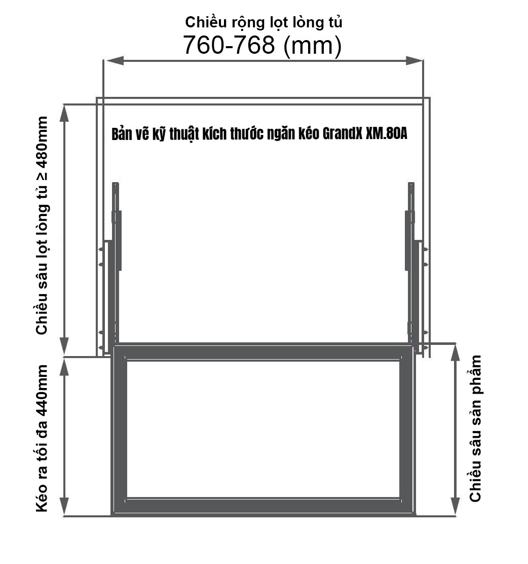 Bản vẽ kỹ thuật kích thước lắp đặt ngăn kéo GrandX XM.80A - 764x464x65mm cho tủ 800mm
