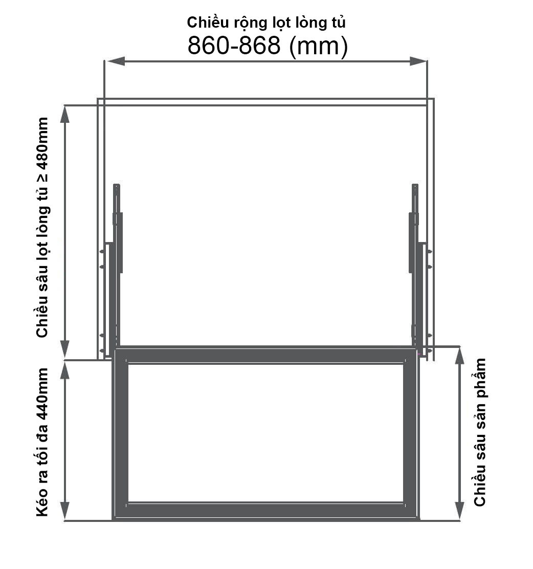 Kích thước lắp đặt ngăn kéo GrandX XM.90A - 864x464x65mm cho tủ 900mm