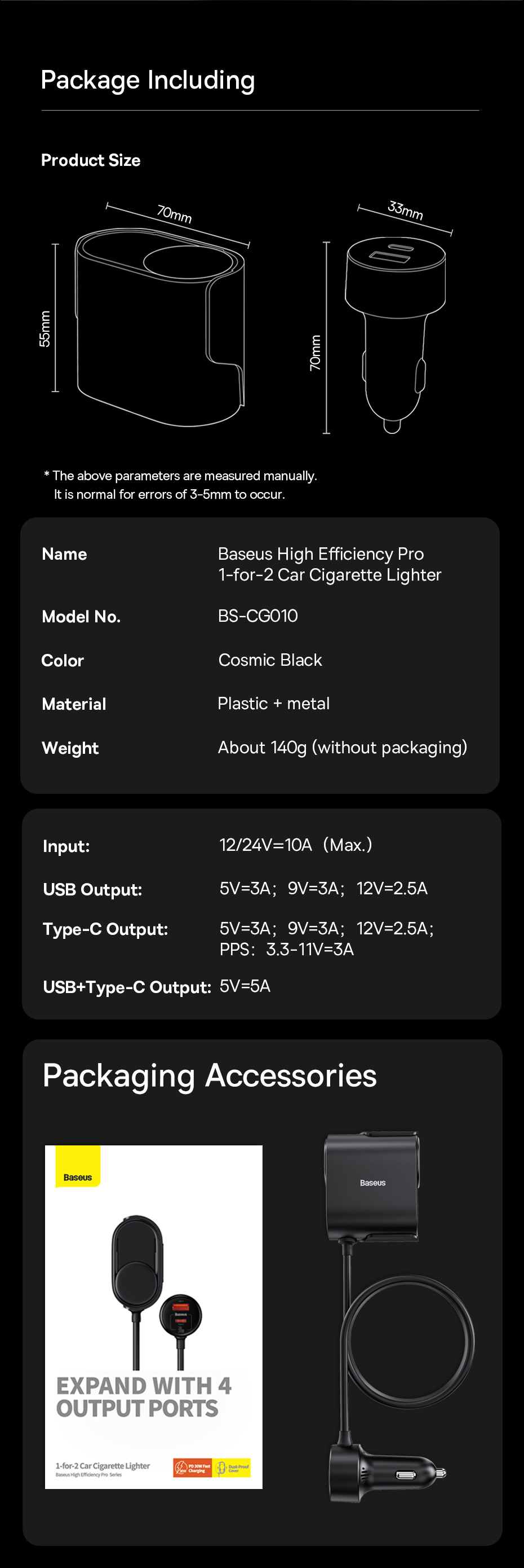 chube Tẩu sạc ô tô nối dài Baseus Car Cigarette Lighter 30W