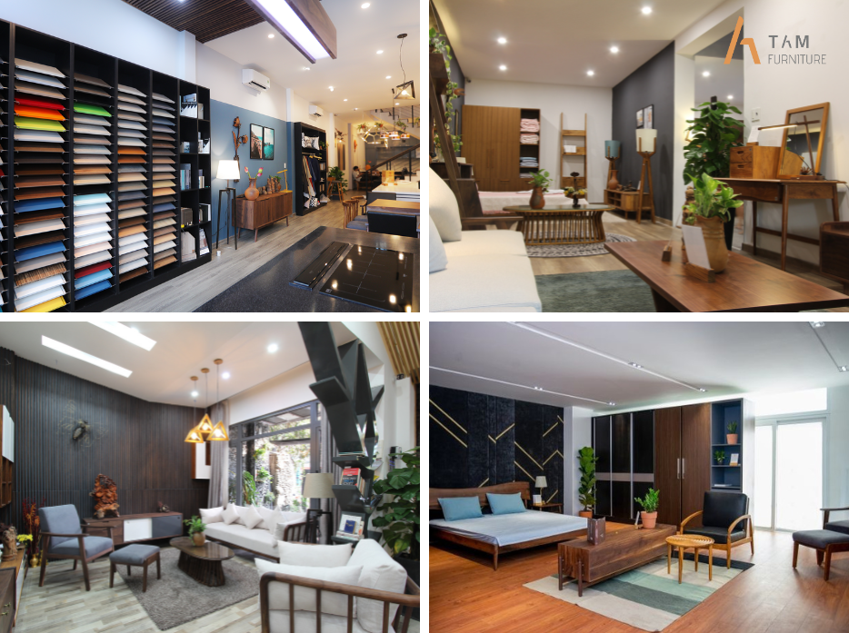 Không gian trưng bày nội thất Mid-Century tại showroom TAM Furniture.