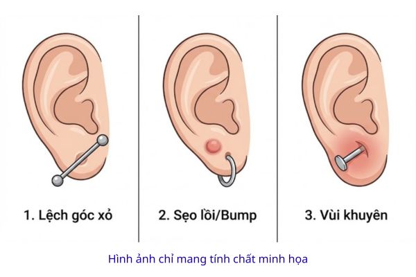 Hình ảnh minh họa lỗ xỏ tai bị biến dạng: Lệch góc nghiêng lobe, lỗ xỏ bị bump và lún khuyên