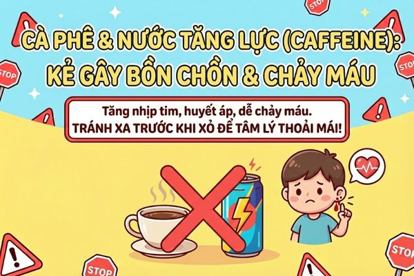 trước khi xỏ khuyên, cấm nạp cà phê, nước tăng lực (Caffeine) để tránh chảy máu