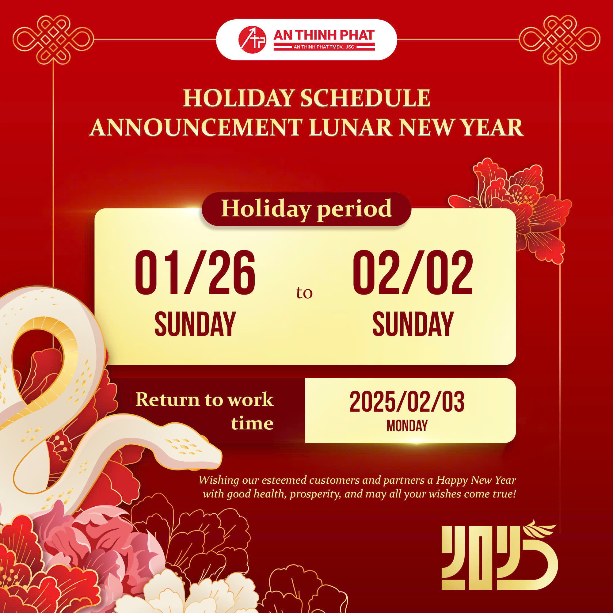 Lunar New Year 2025 Holiday Schedule