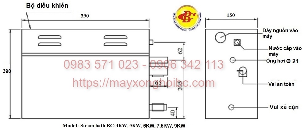 thông số kỹ thuật máy xông hơi ướt 4.5kw