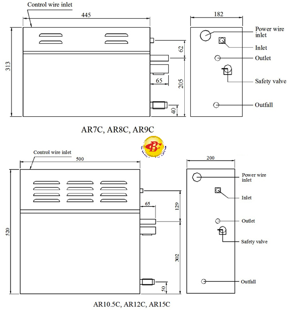 kích thước máy xông hơi ướt Model AR