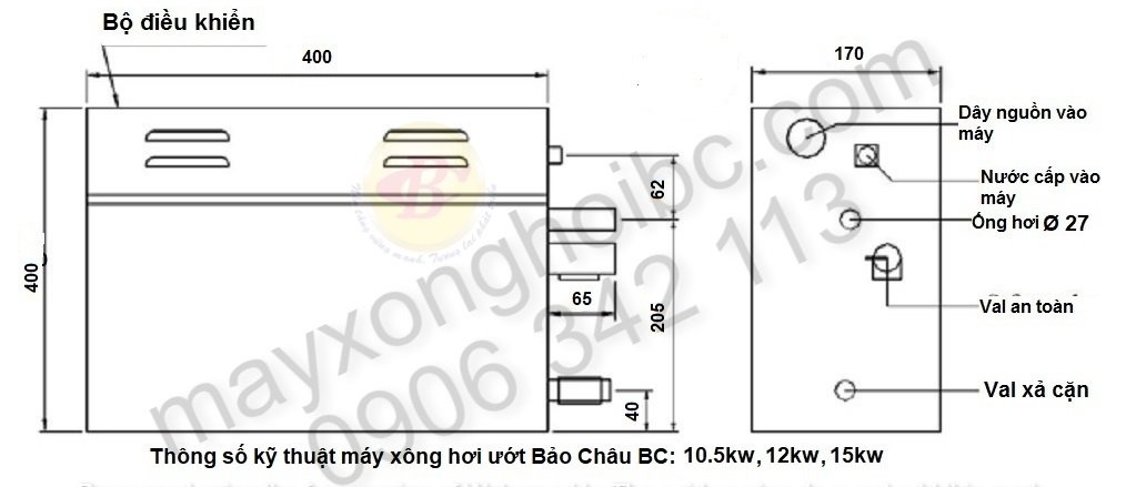 Kích thước, thông số kỹ thuật máy xông hơi ướt Bảo Châu BC10,5kw