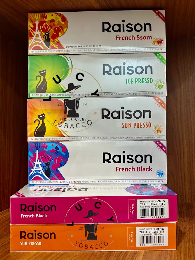 Thuốc lá Raison Hàn Quốc, Thuốc lá Raison Sun Presso, Thuốc lá Raison French Black, Thuốc lá Raison French yogo, Thuốc la Raison Ice Presso, Raison Cam, Raison Nho, Raison Sữa Chua