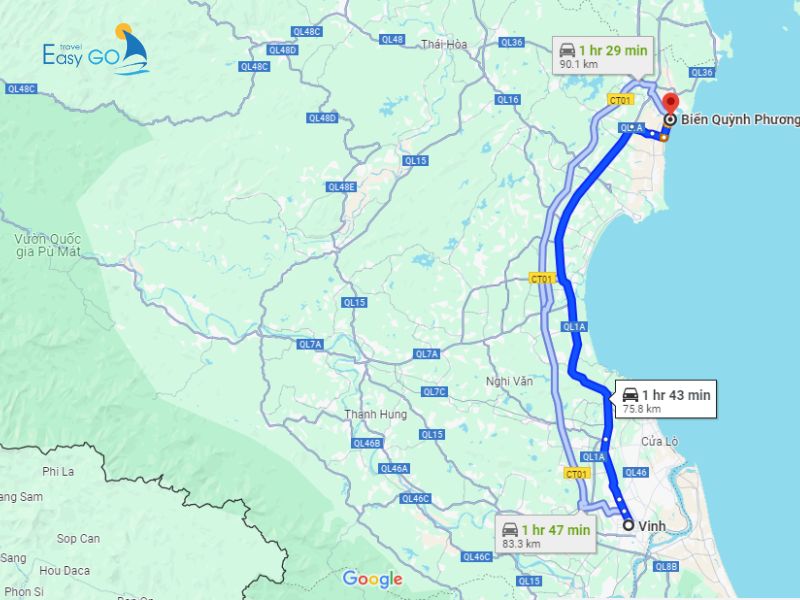 Khoảng cách từ biển TP Vinh đến bãi biển Quỳnh Phương