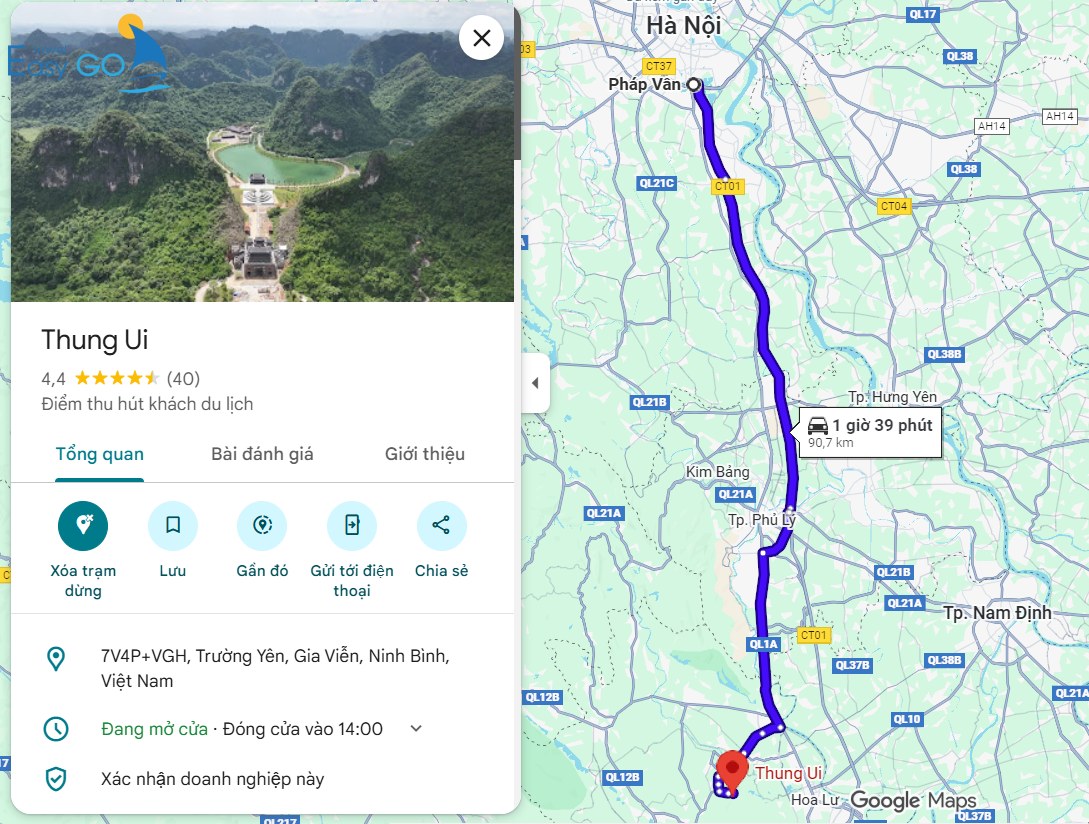 Lộ trình đường đi từ Hà Nội đến Thung Ui Ninh Bình