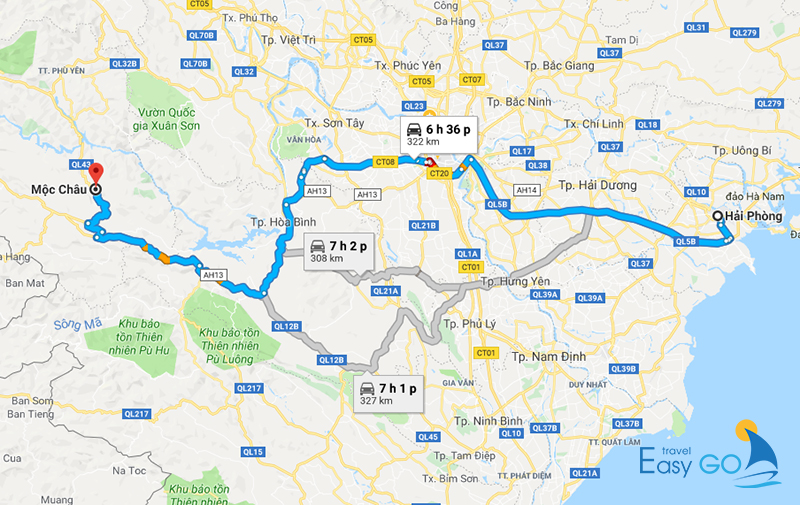 Có 2 tuyến đường chính đi từ Hải Phòng đến Mộc Châu