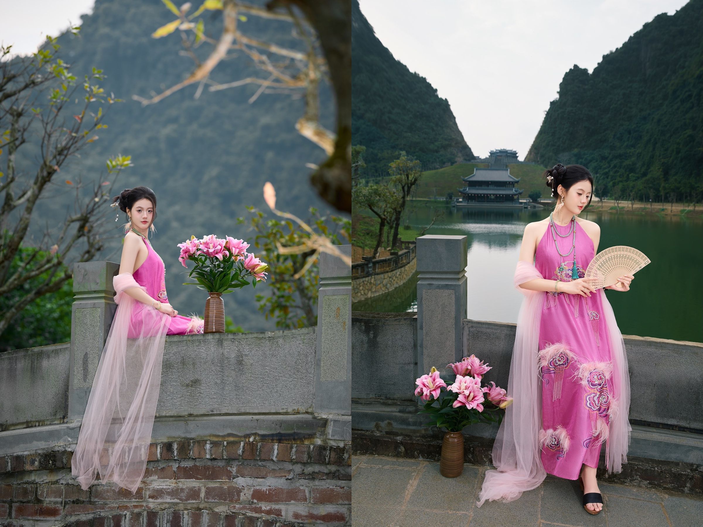 Tạo dáng bên thành hồ với tư thế ngồi hoặc tựa nhẹ