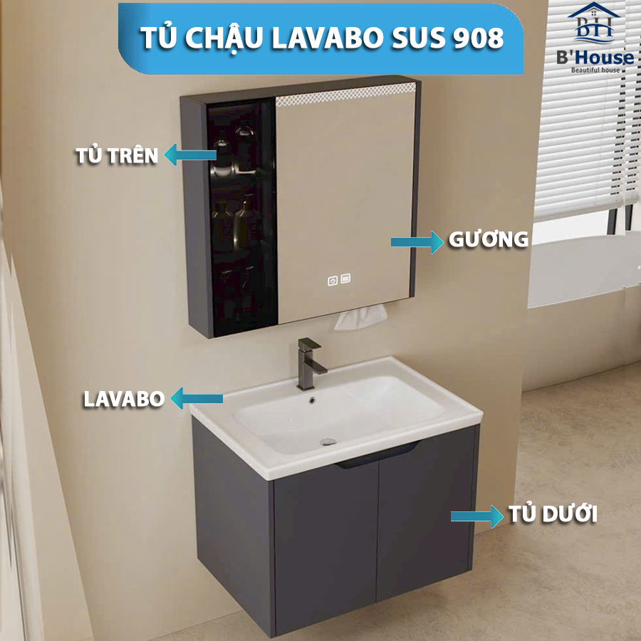 Bộ Tủ Gương Phòng Tắm, Tủ Lavabo Đẹp, Tủ Lavabo Phòng Tắm SUS 908