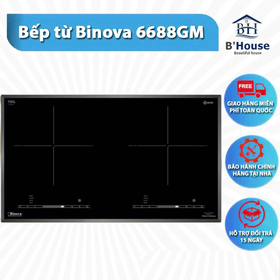Bếp từ Binova BI-6688GM, bếp từ 2 vùng nấu, bếp từ nhập khẩu Đức, bếp từ Schott Ceran, bếp từ Inverter tiết kiệm điện, bếp từ an toàn, bếp từ dễ vệ sinh