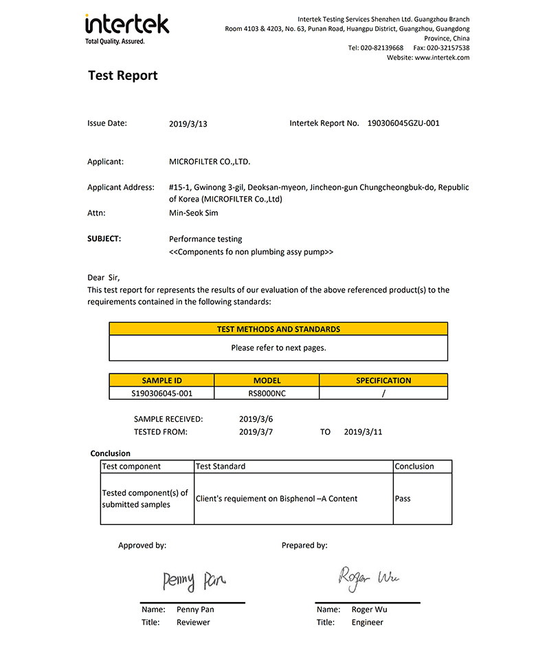 Giấy chứng nhận của công ty giám định chất lượng sản phẩm Intertek Group plc về chất liệu nhựa không chứa chất BPA gây ung thư.
