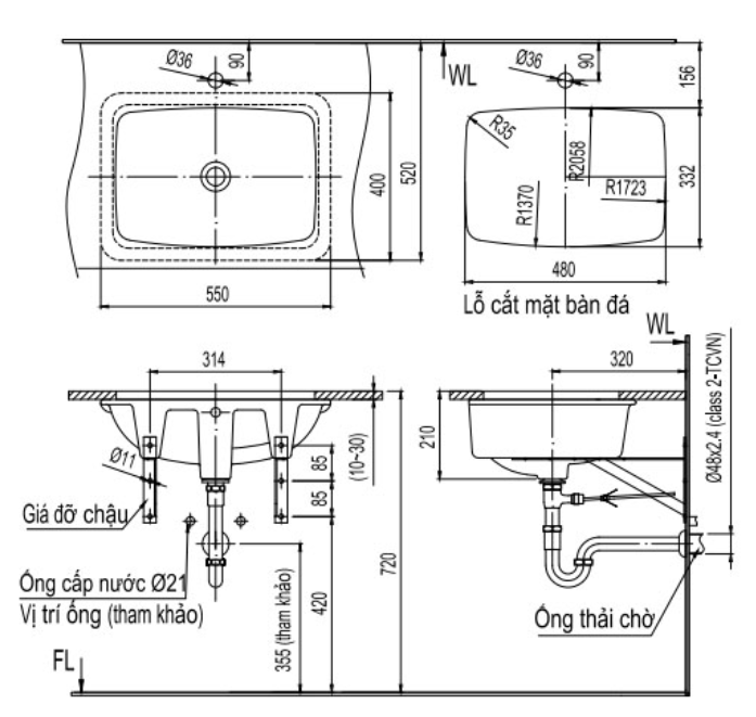 Lavabo chậu rửa mặt Inax AL-2298V âm bàn sứ chống bám bẩn Aquaceramic - AL-2298V