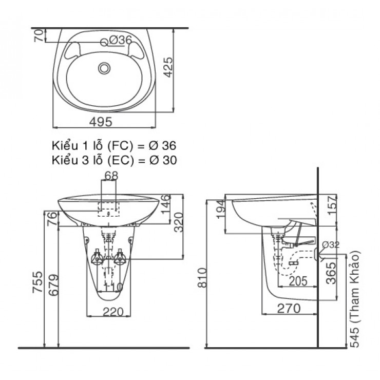 Lavabo chậu rửa mặt Inax L-284V treo tường + chân ngắn