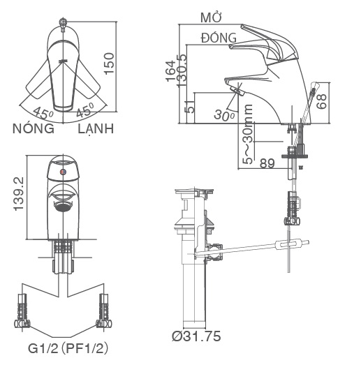 Vòi lavabo chậu rửa mặt Inax LFV-3002S nóng lạnh